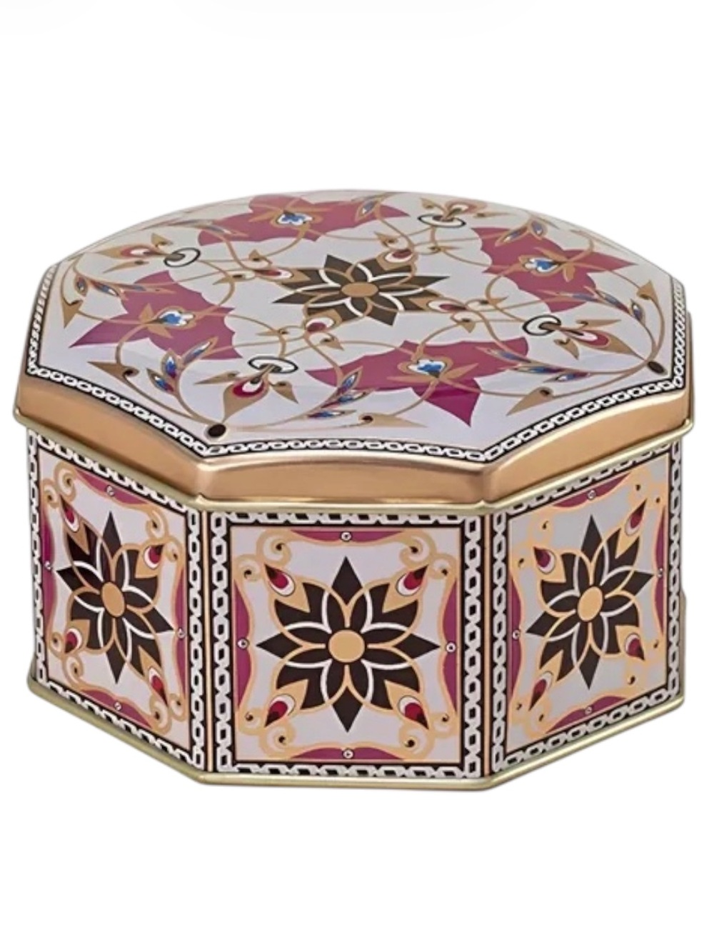Vintage (1970s) Meister Octagonal Decorative Metal Tin Box in PinkGold&Black